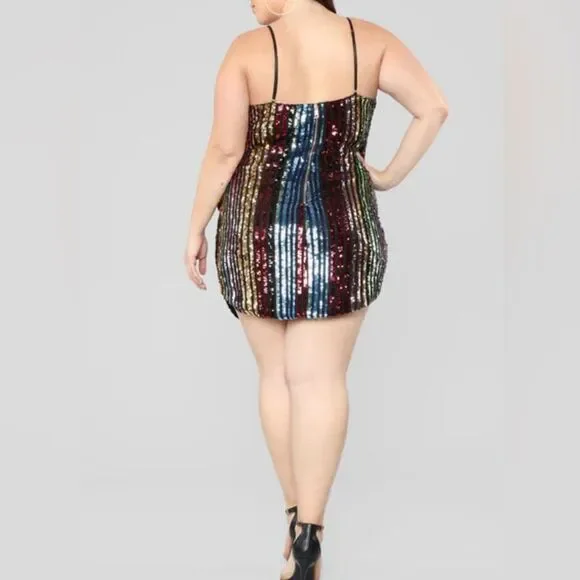 Fashion Nova Black and Green Sequin striped Dress adjustable straps NWT size L - Picture 4 of 16